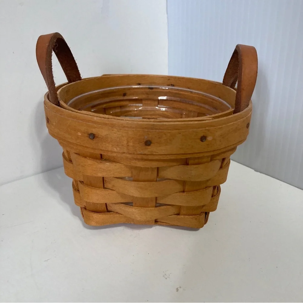 LONGABERGER 1997 Small Mini Round Planter Basket Leather Handles 4.5 x 3 in Tall